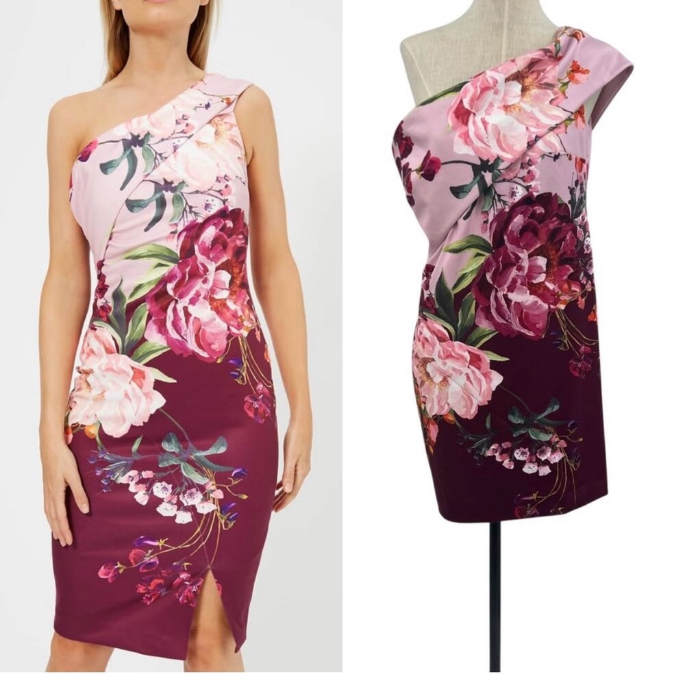 Ted Baker London One-Shoulder Floral Pencil Dress in Pink and Burgundy